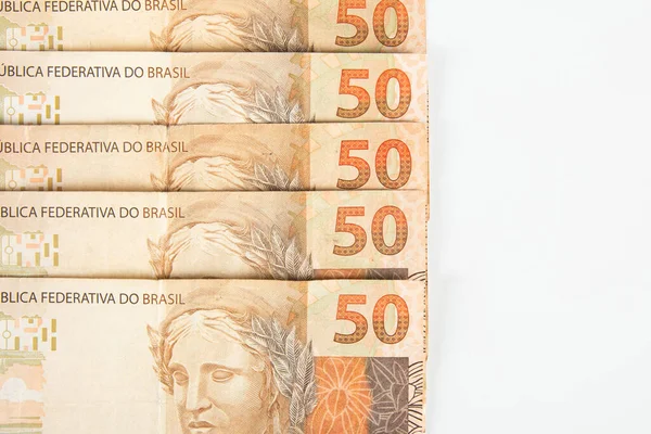 Бразильские Деньги Реалов Банкнот Бразильская Финансовая Концепция Копирование Пространства — стоковое фото