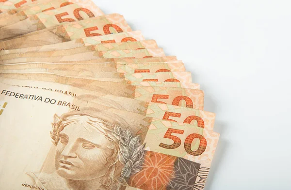 Brezilya parası işte. 50 reais banknot. Brezilya finans konsepti. Boşluğu kopyala..