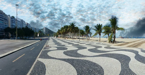 Copacabana Beach Rio Janeiro Sétány Pálmafákkal Kék Égbolttal — Stock Fotó