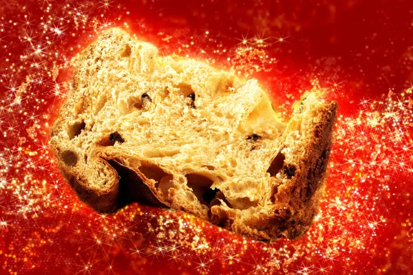 Panettone Sliced Traditional Christmas Food Piece Red Background — Stock Photo, Image