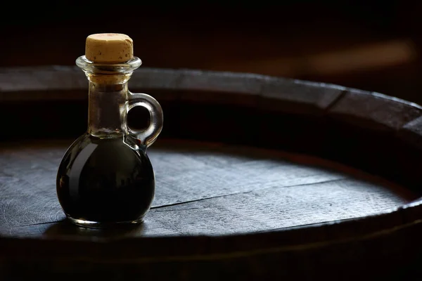 Small Bottle Balsamic Vinegar Modena Wooden Barrel — Stockfoto