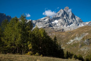 Cervino Dağı Cervinia Vadisi 'nden görünen güneşli güzel bir günde 