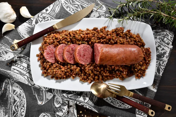 Cotechino Served Lentils Serving Plate Typical Modenese Dish — Stockfoto