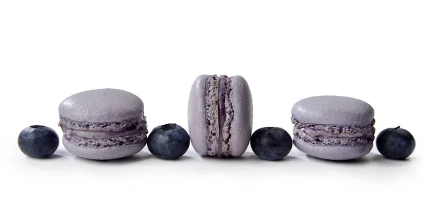 Blueberry Macarons Lined Fresh Blueberries White Background — Fotografia de Stock