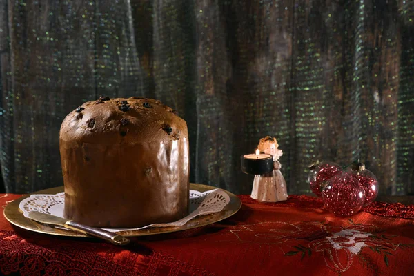 Whole Christmas Panettone Golden Tray Candle Angel Nearby Typical Italian 图库图片