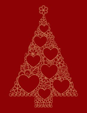 Mehndi tarzında çiçeklerden yapılmış Noel ağacı. Tebrik etmek için yeni yıl dekoratif resmi, bina dekorasyonu, kitaplar, posterler, kıyafet baskısı.