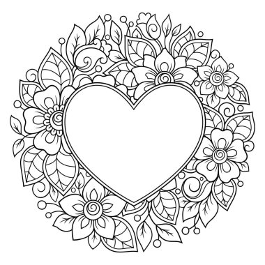 Mandala şeklinde dairesel desen, kalp şeklinde çerçeve. Etnik doğulu mehndi tarzında dekoratif süs. Taslak çizim el çizimi vektör çizimi. Stres karşıtı boyama kitabı sayfası.
