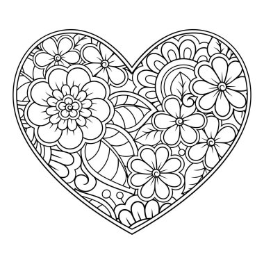 Kına çizimi ve dövme için kalp şeklinde Mehndi çiçek deseni. Etnik doğuya özgü dekorasyon, Hint tarzı. Sevgililer Günü selamları. Boyama kitabı sayfası.