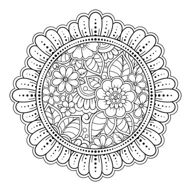 Kitap sayfasını boyamak için Mehndi tarzında yuvarlak çiçek deseni çiz. Yetişkinler ve çocuklar için stres önleyici. Siyah beyaz karalama süsü. El çizimi vektör illüstrasyonu.