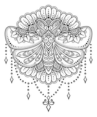 Hint etnik çiçekleriyle süslenmiş güve deseni. El yapımı dekoratif böcek karalama tarzında. Dövme, baskı, oda, kapak, kitap ve boyama sayfası için stilize edilmiş mehndi süsü.