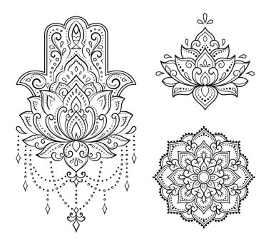 Hamsa el çizimi sembolü, nilüfer çiçeği. İç dekorasyon ve kına çizimleri için doğu tarzı dekoratif desen. Antik işaret 