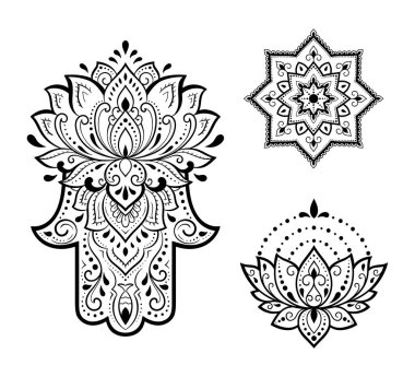 Hamsa el çizimi sembolü, nilüfer çiçeği. İç dekorasyon ve kına çizimleri için doğu tarzı dekoratif desen. Antik işaret 