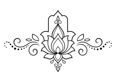 Lotus çiçeğiyle çizilmiş Hamsa el sembolü. İç dekorasyon ve kına çizimleri için doğu tarzı dekoratif desen. Antik işaret 