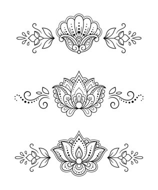 Kına çizimi ve dövme için Mehndi çiçek desenli bir set. Etnik doğuya özgü dekorasyon, Hint tarzı. Karalama süsü. El çizimi vektör illüstrasyonu.