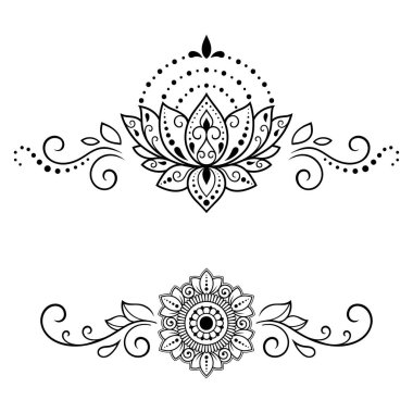Kına çizimi ve dövme için Mehndi çiçek desenli bir set. Etnik doğuya özgü dekorasyon, Hint tarzı. Karalama süsü. El çizimi vektör illüstrasyonu.