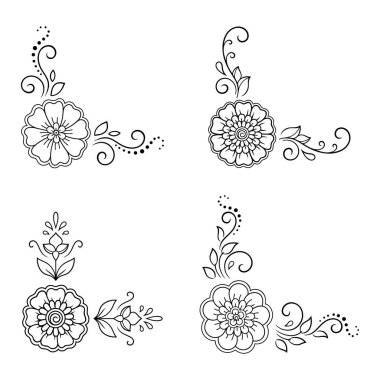 Kına çizimi ve dövme için Mehndi çiçek desenli bir set. Etnik doğuya özgü dekorasyon, Hint tarzı. Karalama süsü. El çizimi vektör illüstrasyonu.