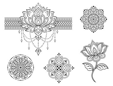 Mehndi çiçek desenleri ve kına çizimi ve dövme için mandala. Etnik doğuya özgü dekorasyon, Hint tarzı. Karalama süsü. El çizimi vektör illüstrasyonu.