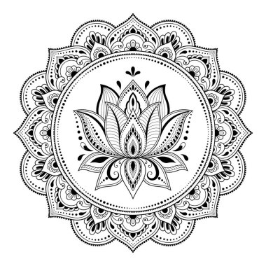 Henna, Mehndi, dövme ve süsleme için nilüfer çiçeği içeren dairesel desen. Etnik doğu tarzında dekoratif süs. Çizim el çizimi vektör illüstrasyonuName.