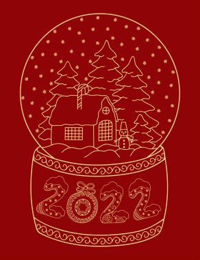 Evli oyuncak cam kar küresi. Mektup numarası 2022. Yetişkin ve çocuklar için boyama kitabı sayfası. Kış dekoratif desen - kar tanesi, Noel ağacı, kardan adam, yay, top.