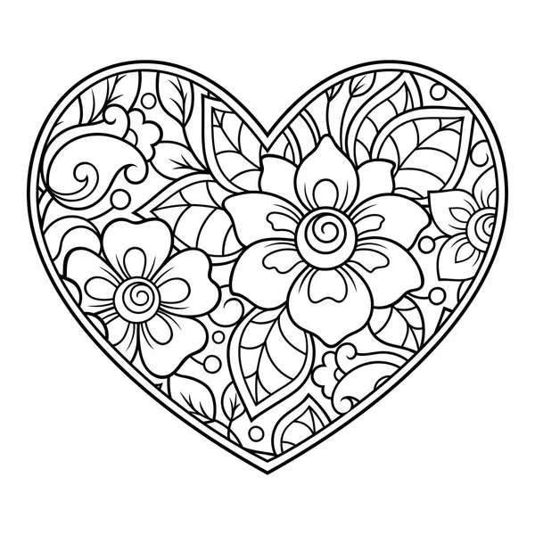 Padrão Flor Mehndi Forma Coração Para Desenho Tatuagem Henna Decoração — Vetor de Stock