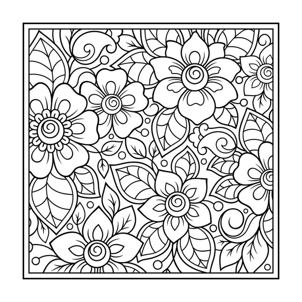 Outline Square Flower Pattern Mehndi Style Coloring Book Page Antistress — Stock Vector