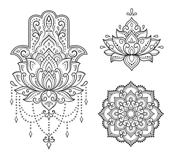 ハムサ手描きのシンボル ハスの花のセット 室内装飾やヘナ図面のための東洋スタイルの装飾パターン ファティマの手 の古跡 — ストックベクタ