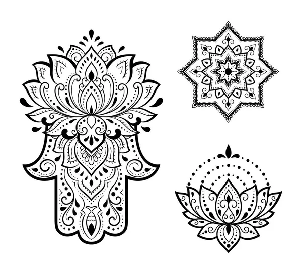 Set Hamsa Disegnato Mano Simbolo Fiore Loto Modello Decorativo Stile — Vettoriale Stock