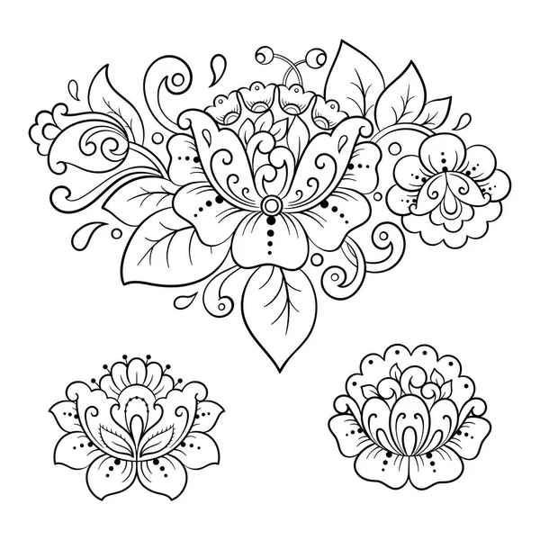 Conjunto Patrón Flores Mehndi Para Dibujo Tatuaje Henna Decoración Estilo — Archivo Imágenes Vectoriales