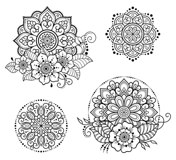 Conjunto Padrão Circular Forma Mandala Com Flor Para Henna Mehndi — Vetor de Stock