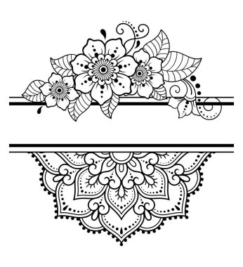 Doğu geleneğinde çerçeve. Kınalı dövmeler, defter, tabut, dergi, kartpostal ve klasör için dekoratif desenler. Mehndi tarzında çiçek mandala.
