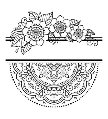 Doğu geleneğinde çerçeve. Kınalı dövmeler, defter, tabut, dergi, kartpostal ve klasör için dekoratif desenler. Mehndi tarzında çiçek mandala.