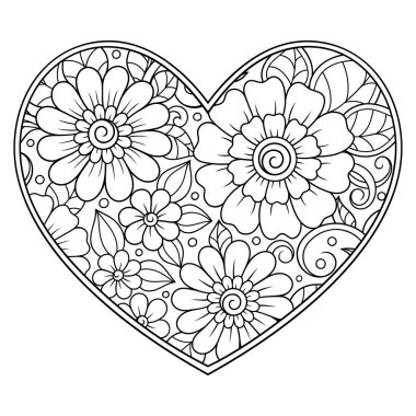 Kına çizimi ve dövme için kalp şeklinde Mehndi çiçek deseni. Etnik doğuya özgü dekorasyon, Hint tarzı. Sevgililer Günü selamları. Boyama kitabı sayfası.