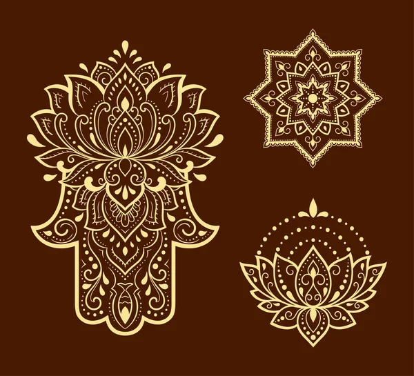 Set Hamsa Símbolo Dibujado Mano Flor Loto Patrón Decorativo Estilo Ilustraciones De Stock Sin Royalties Gratis