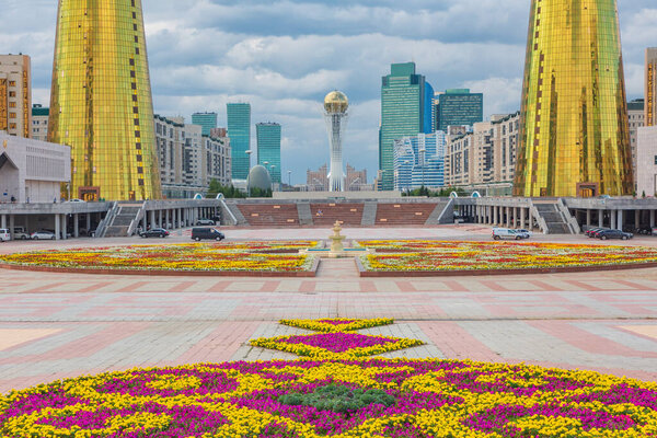 Skyscrapers and flowers in a modern city