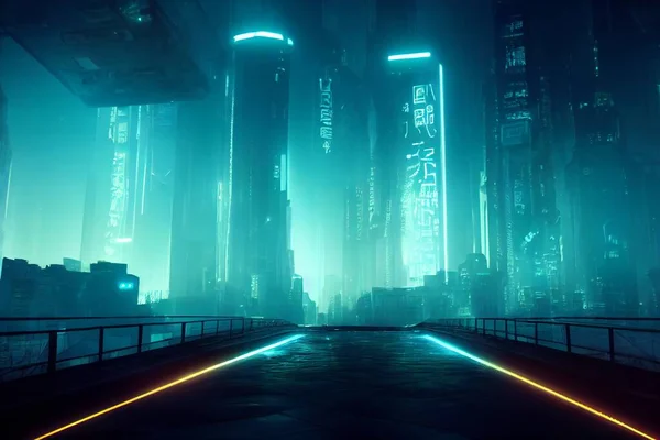 Cyberpunk town wallpaper. Night view of a modern city full of technology. Scifi town. Photorealistic 3d illustration of the futuristic city. Neon business district center.