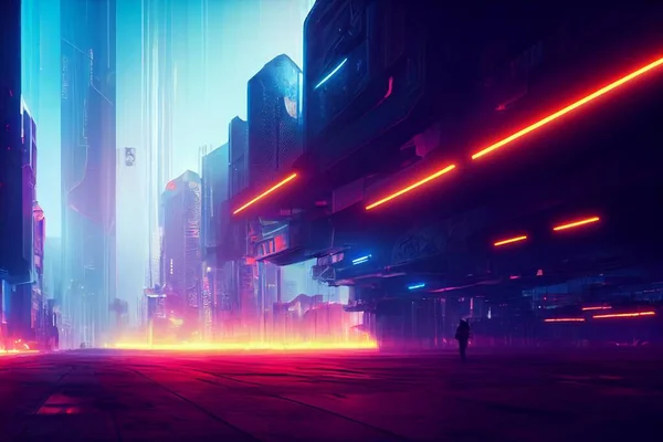 Cyberpunk town wallpaper. Night view of a modern city full of technology. Scifi town. Photorealistic 3d illustration of the futuristic city. Neon business district center.