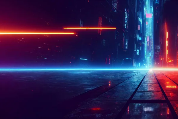 Cyberpunk city wallpaper. Night view of a modern city full of technology. Scifi town. Photorealistic 3d illustration of the futuristic city. Neon business district center.