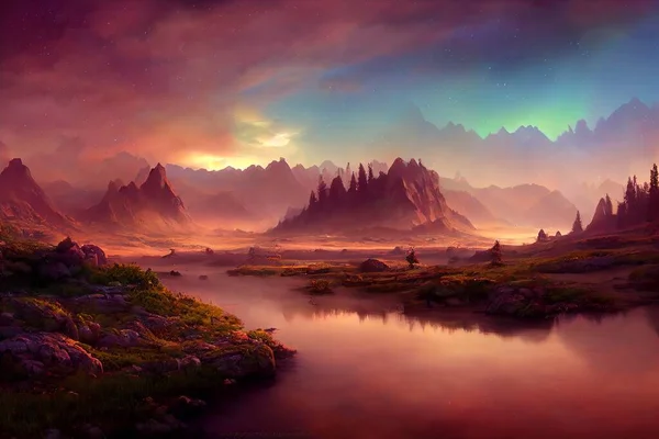 Fantasy natural environment. Fantasy landscape. Illustration of a colorful scene.