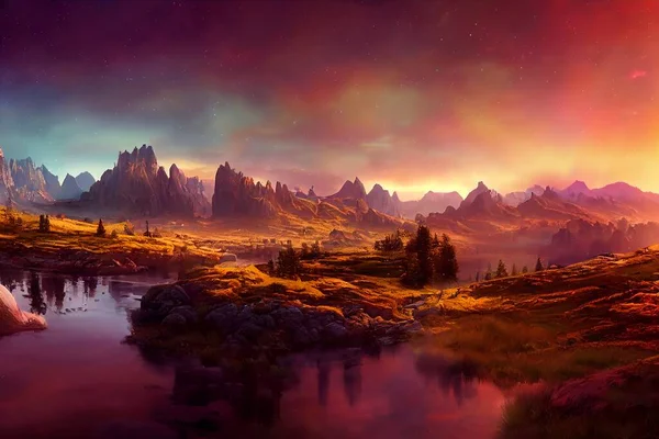 Fantasy natural environment. Fantasy landscape. Illustration of a colorful scene.