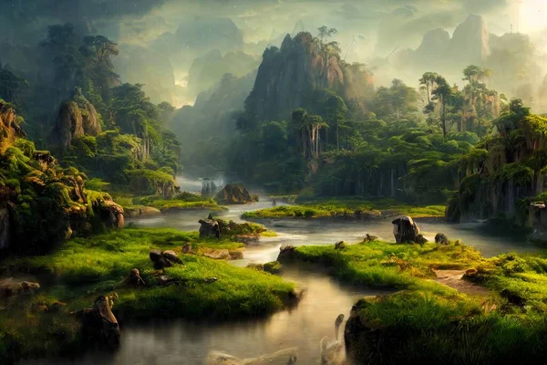 Fantasy natural environment. Fantasy landscape. Illustration of a colorful scene.