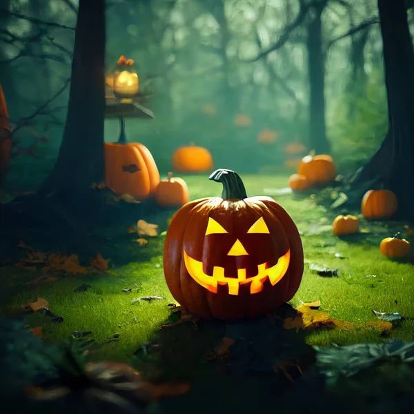 Orange head jack lantern. Carved Halloween pumpkins in forest. Scary pumpkin character.