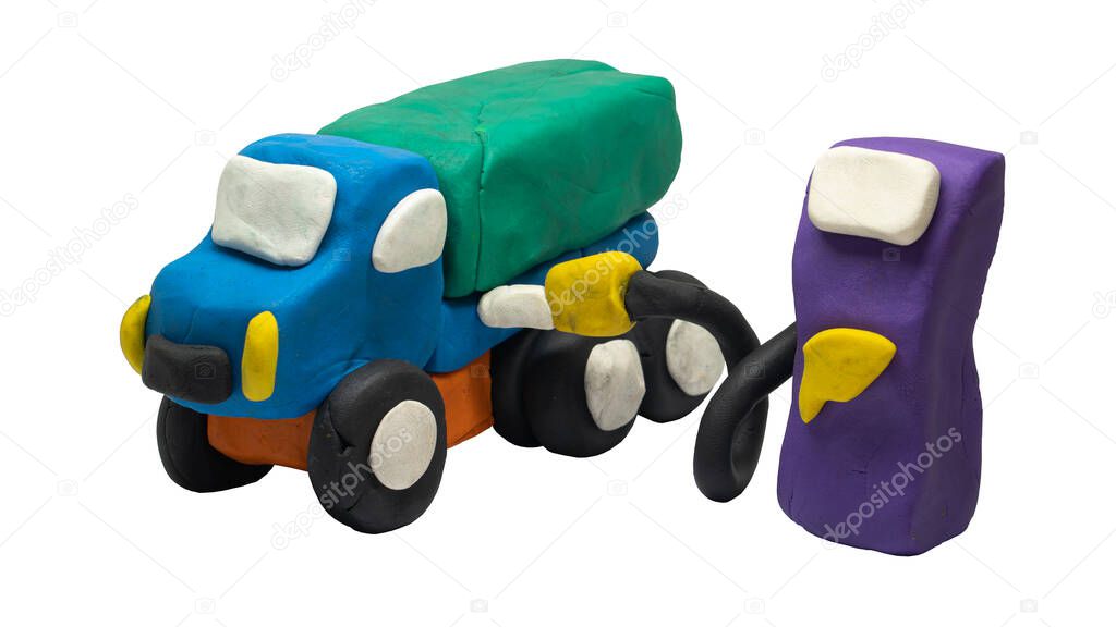 Isolated white background of ecology refueling truck car. Mad from plasticine. with clipping path.