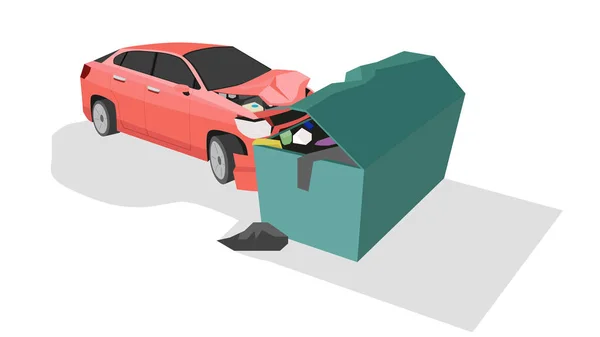 Wypadek Jasnoczerwonego Samochodu Osobowego Rozbił Się Koszu Śmieci Przednia Część — Wektor stockowy