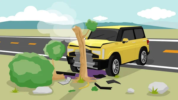 黄色の車の事故の損傷は 道路をダッシュ 芝生の上の土地と大規模なツリーのヒットが壊れています 正面の損傷と高い煙 オフロード車は山と広いオープンスペースに駆動します — ストックベクタ