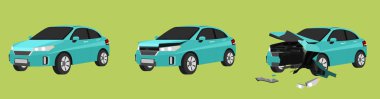 Çizgi film vektörü veya illüstrasyon. Normal arabadan arabaya giden yumuşak yeşil arabanın durumu hafif hasar görmüş. Ta ki araba ağır hasar görene kadar. Tüm ön taraf hasar görsün..