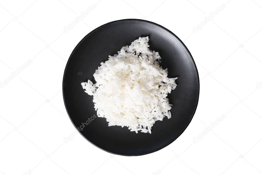 Above view of Cooked rice plat arranged on a white plate. On isolated white background with clipping path.