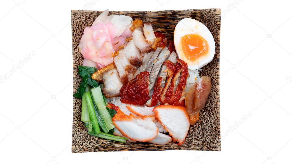 Above view of three friends over rice of Crispy Pork Belly, Roast Duck and Red Roasted Pork and Egg. Arranged on a coconut wooden plate. On isolated white background with clipping path.