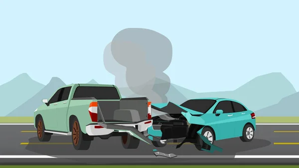 Kecelakaan Mobil Penumpang Bertabrakan Dengan Truk Pick Mobil Penumpang Depan - Stok Vektor