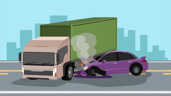 Olycka Med Containerlastbil Som Blockerar Vägen Bilen Kraschade Sidan Och — Stock vektor