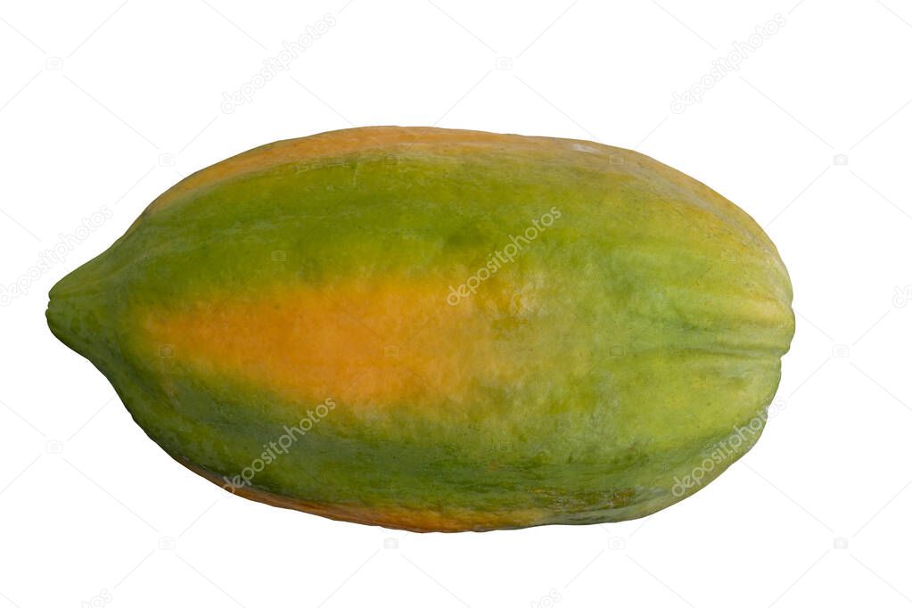 Fruit of Papaya is ripe and surface is rough. yellowish green skin color. On isolated white background for texture. And with clipping path.